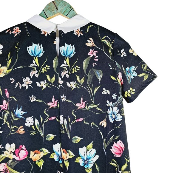 Zara Trafaluc Multi-colored All-over Print Floral Shift White Collared Dress, S - Picture 7 of 9